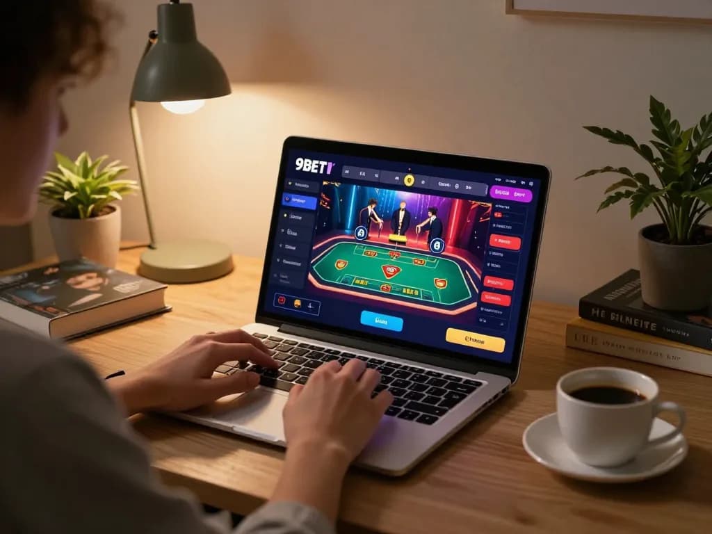 Engaging online gambling experience on 9BET with a player focused on a vibrant casino interface.