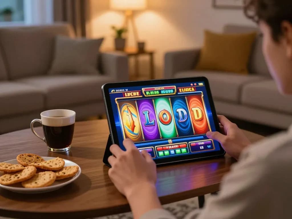 SKY88 player spinning slot reels on tablet, enjoying a cozy home gaming experience