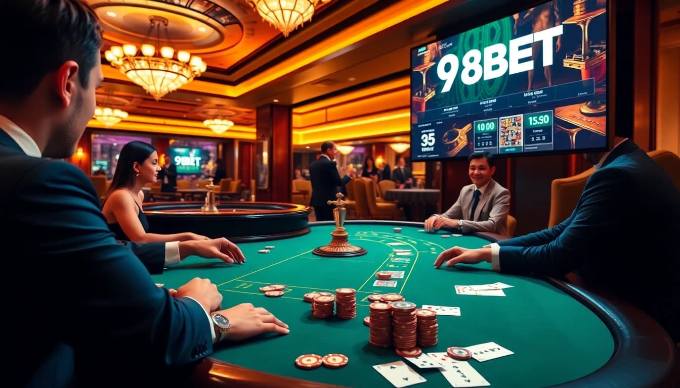 Gamblers playing at a high-stakes poker table while engaging with the 9BET online platform.