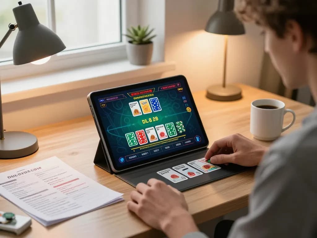 Player enjoying online casino gaming at dn88 com using tablet in a cozy home office setup.