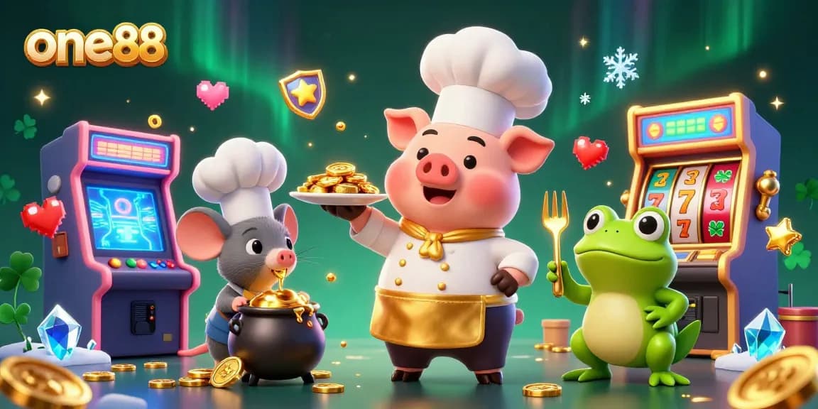 Experience exciting gameplay with one88 as a chef pig serves gold coins amidst slot reels and festive gaming elements.