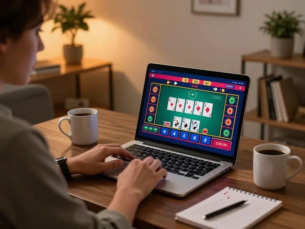 tv88 player enjoying a live casino game at home with notes and warm lighting