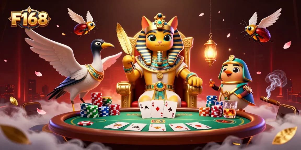 Experience F168's thrilling casino atmosphere with a pharaoh cat and poker elements.