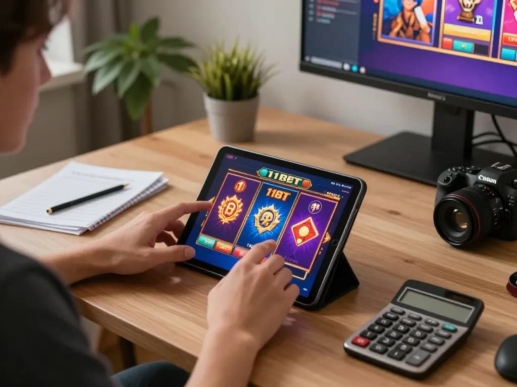 Player enjoying 11BET slots on a tablet in a cozy home environment, showcasing strategic gaming elements.