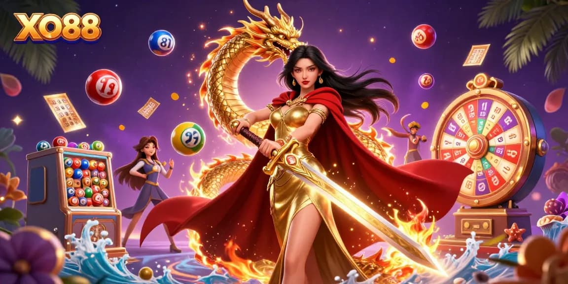Experience thrilling gameplay at XO88 with colorful lottery elements and a majestic warrior queen.