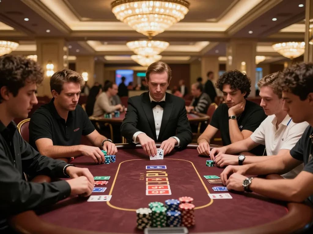 Players strategizing Texas Hold'em at 98win poker table in luxurious casino atmosphere.