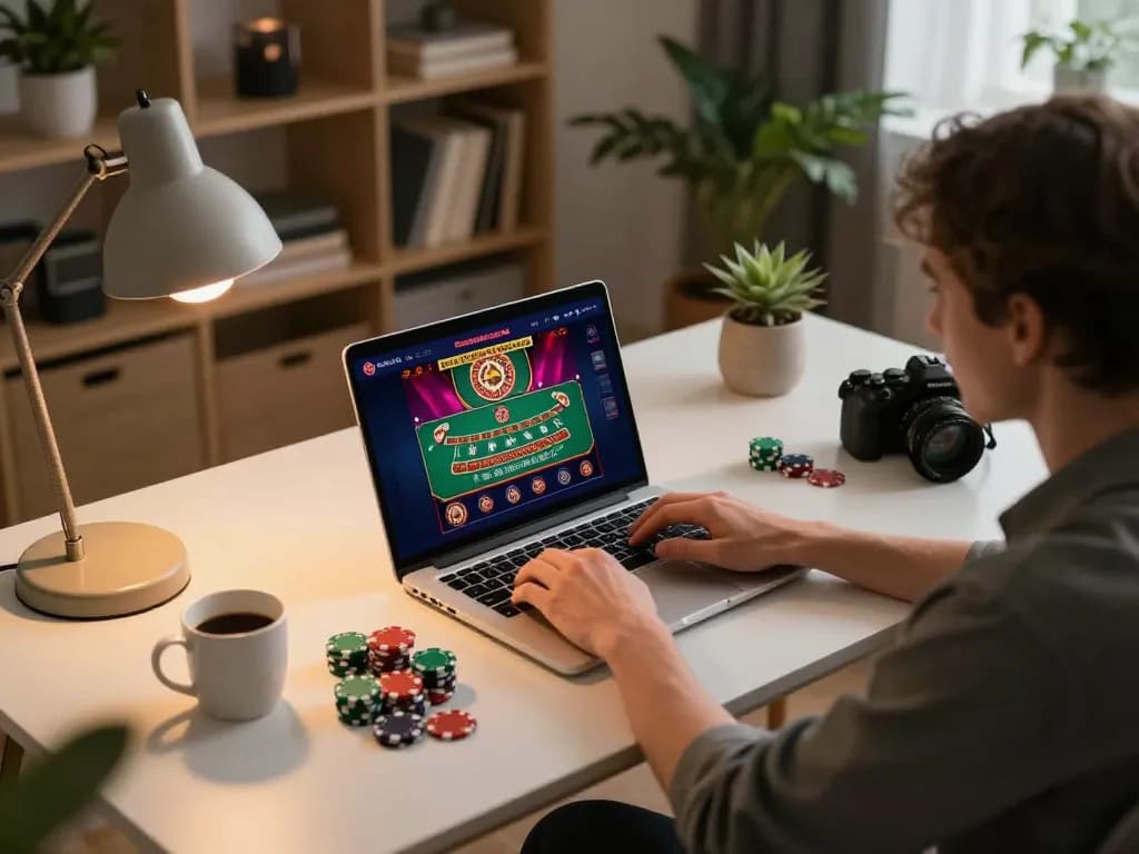 Engaged in online casino gaming at home with trang chủ 88VV app displayed on laptop