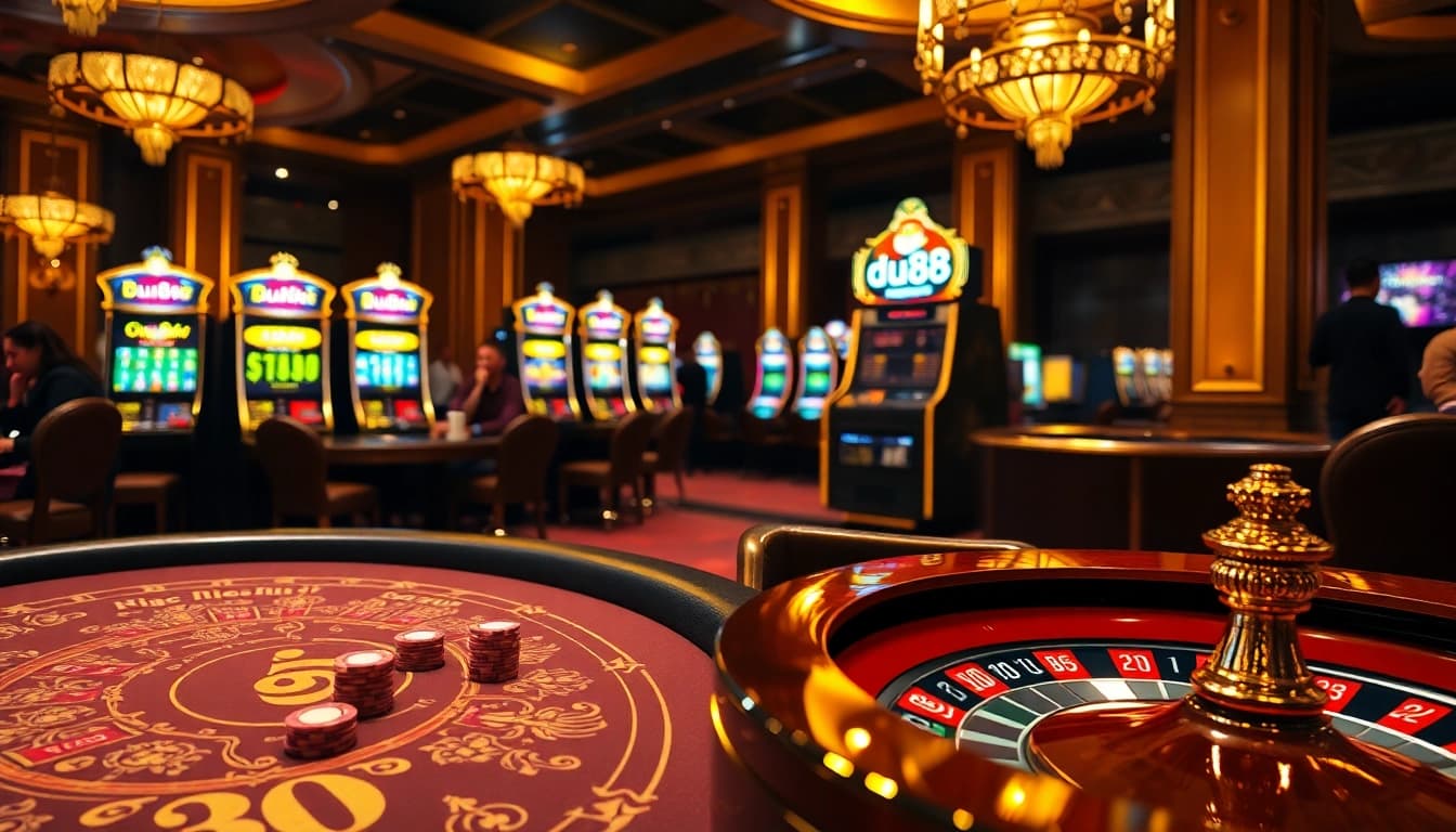 Experience high-stakes action at du88's luxurious casino with vibrant tables and lively players.