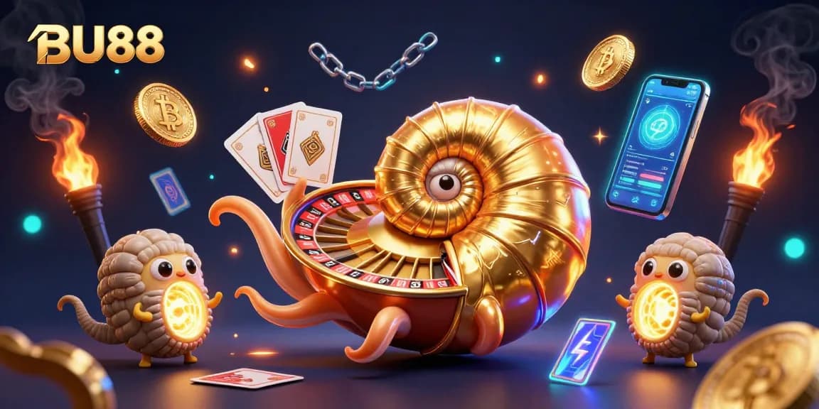 Join the excitement at BU88 with a vibrant casino scene featuring a giant nautilus and cryptocurrency elements.