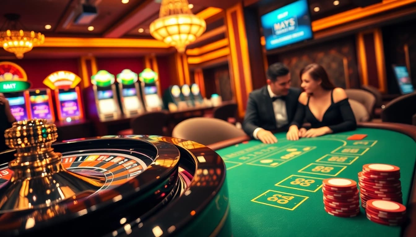 Experience the thrill of gambling at MAX88 with elegant casino tables, poker chips, and slot machines.
