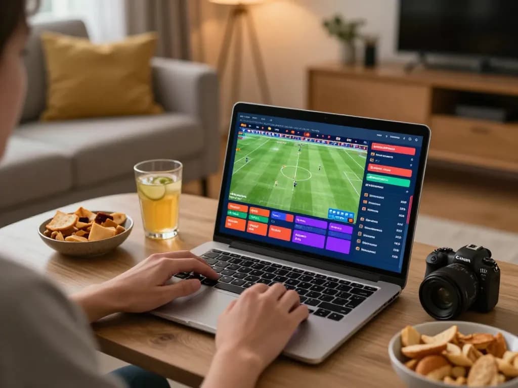Engaged gambler strategizing on 9bet platform using a laptop in a cozy home setting.