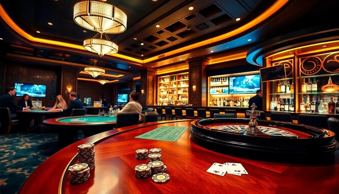 Experience the excitement of gambling at an elegant xo88 casino with poker chips and roulette.