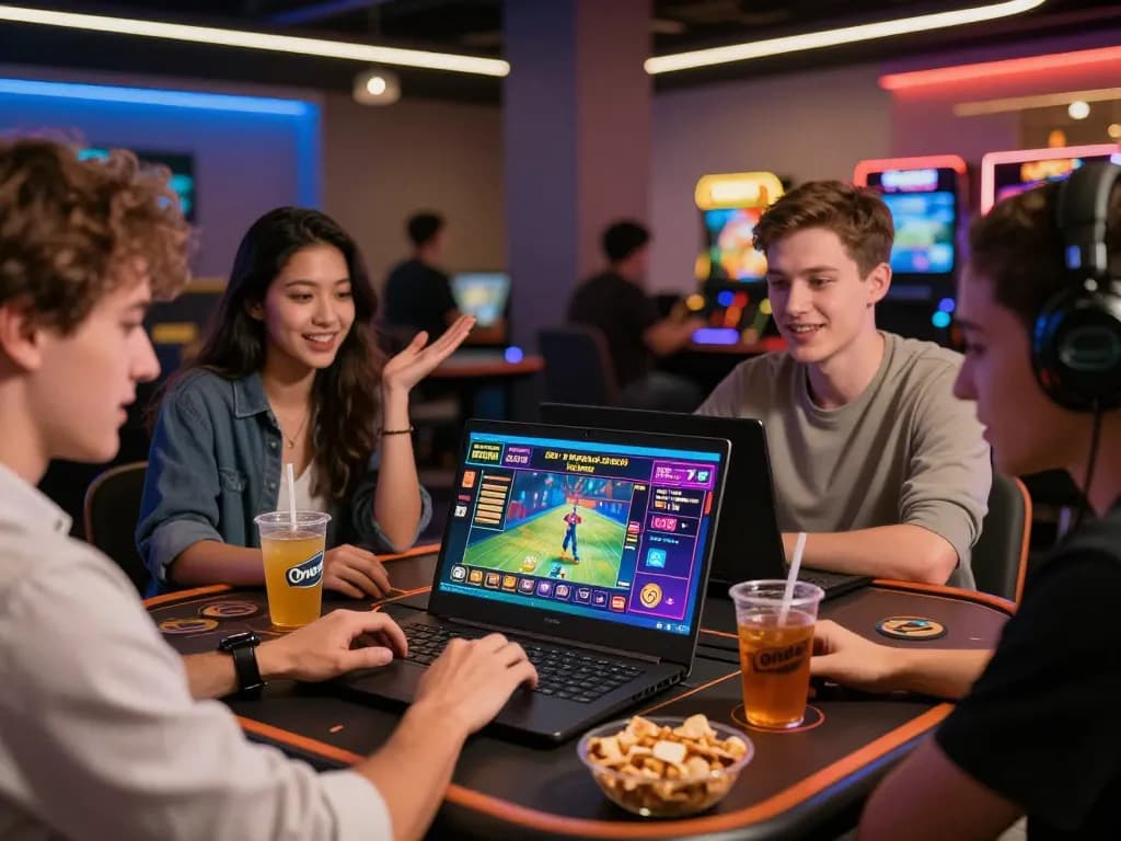Friends enjoying online gaming at Onbet, showcasing link vào onbet in a vibrant casino setting with excitement.