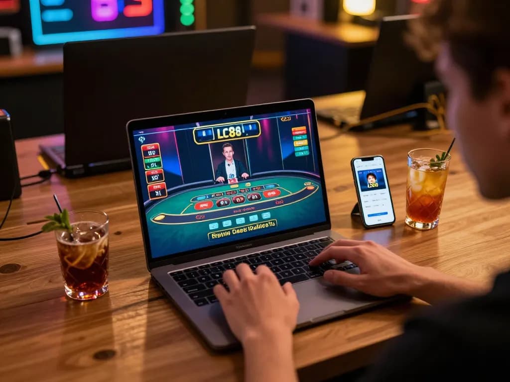 Player engaging in LC88 online gambling on a laptop with vibrant lights.
