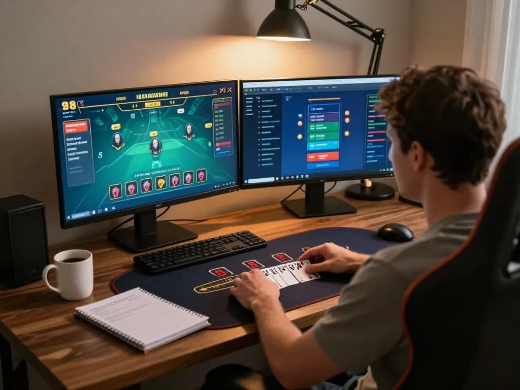 Engaged player enjoying 789win live dealer blackjack on dual screens at home