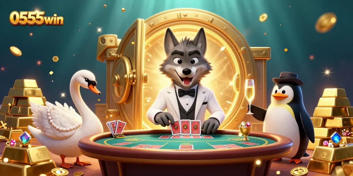 Join the exciting world of 0555win with vibrant characters at a baccarat table amidst gemstones and gold bars.