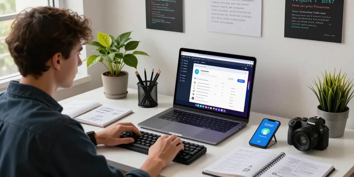 Accessing Telegram Web Version on a modern workspace with tech gadgets and vibrant atmosphere.