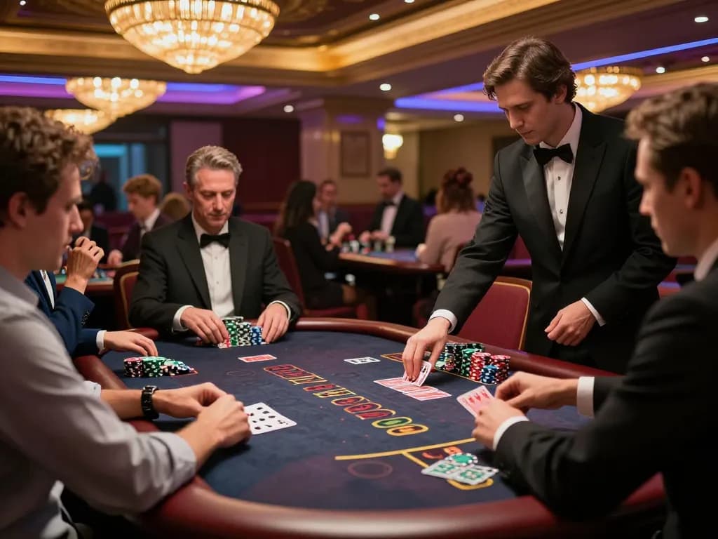 Players engaging at the blackjack table at XO88 casino with dealer in action, showcasing gaming excitement.