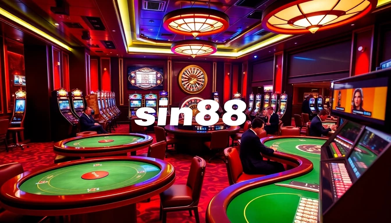 Players enjoying high-stakes games at sin88 casino, featuring vibrant slot machines and poker tables.
