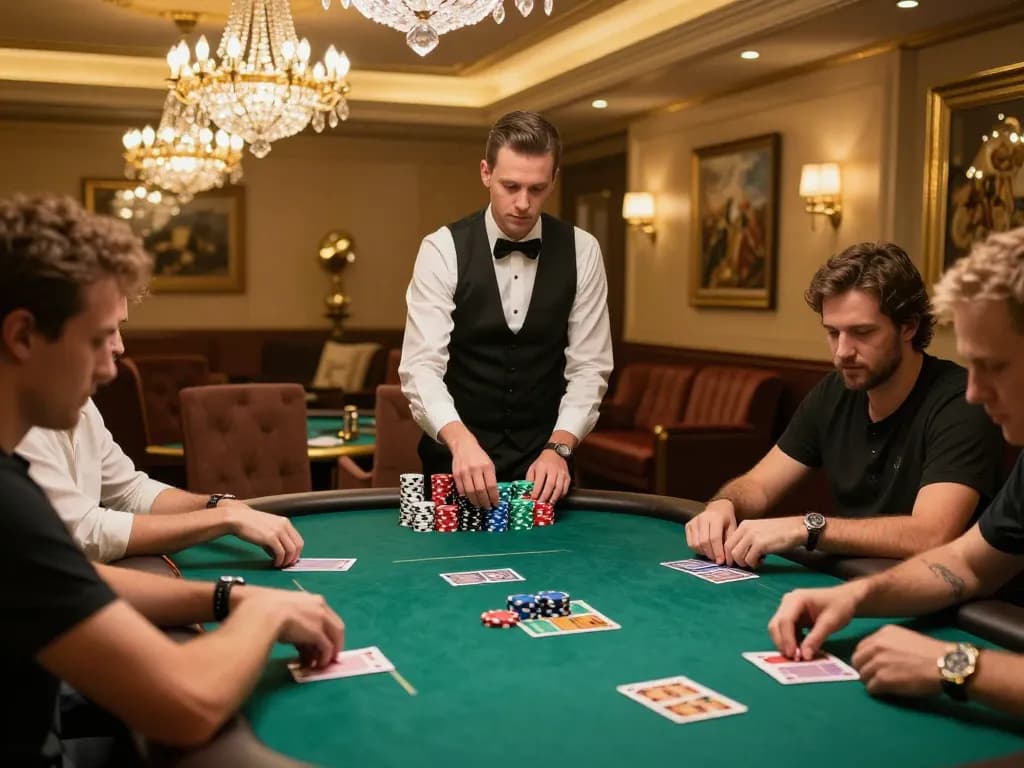 DABET poker game in an upscale setting with players engaged in high-stakes action and colorful chips.