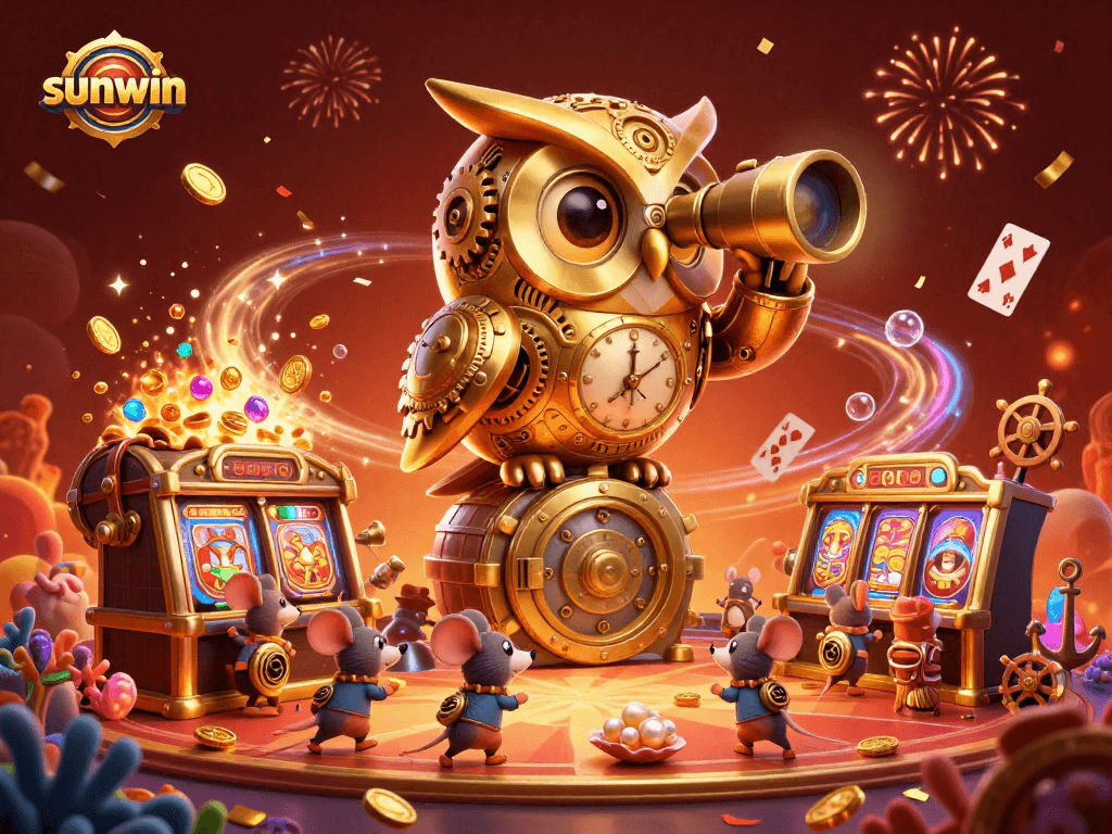 Spin the reels at sunwin with our vibrant 3D casino scene featuring a golden owl and colorful characters.
