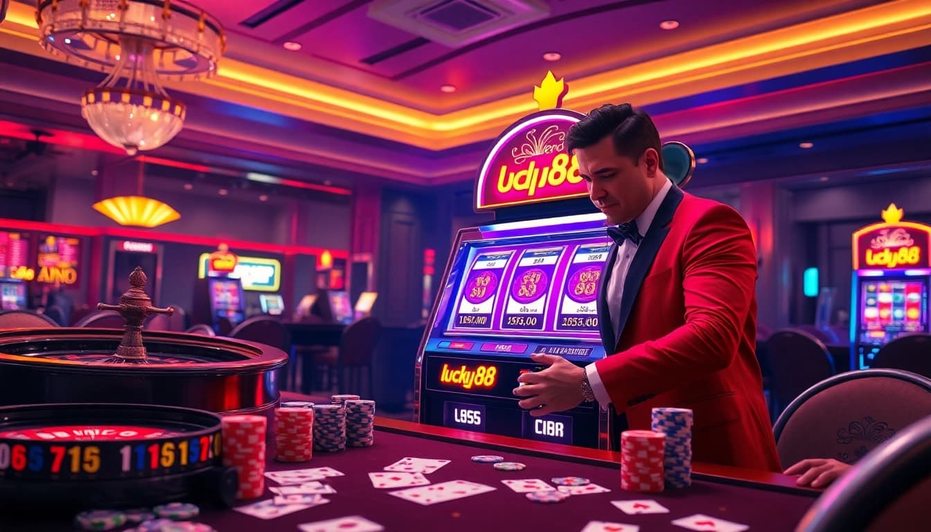 Play the exciting lucky88 slot machine in a luxurious casino setting with vibrant elements.