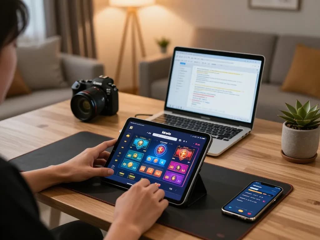 Engaging in responsible online gaming with kkwin app on a tablet in a cozy home setup.