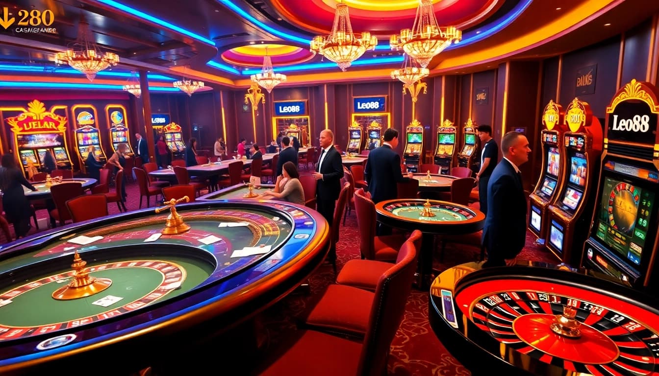 LEO88 casino players engaging in high-stakes gaming with vibrant slot machines and roulette wheels.
