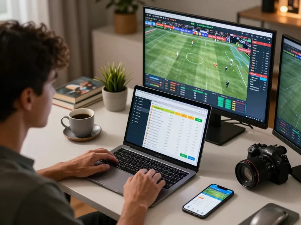 Bsport betting enthusiast analyzing live sports odds on multiple screens at home