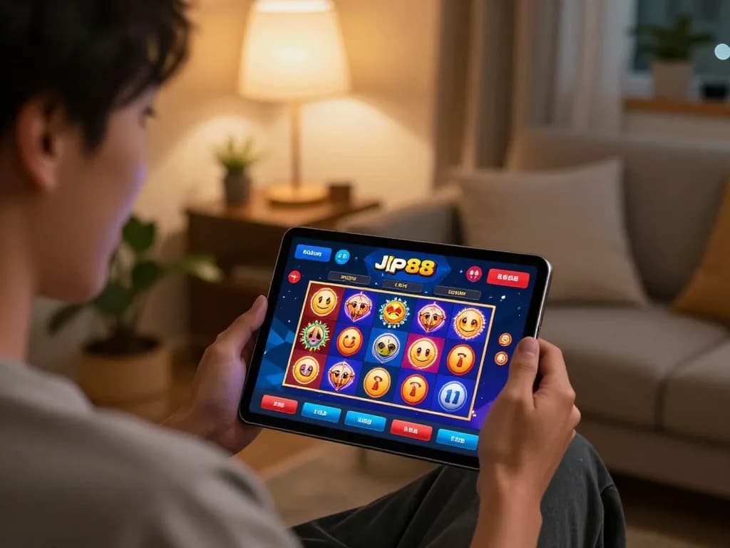 Excited player engaging with the jkp88 casino app while enjoying a cozy home environment.