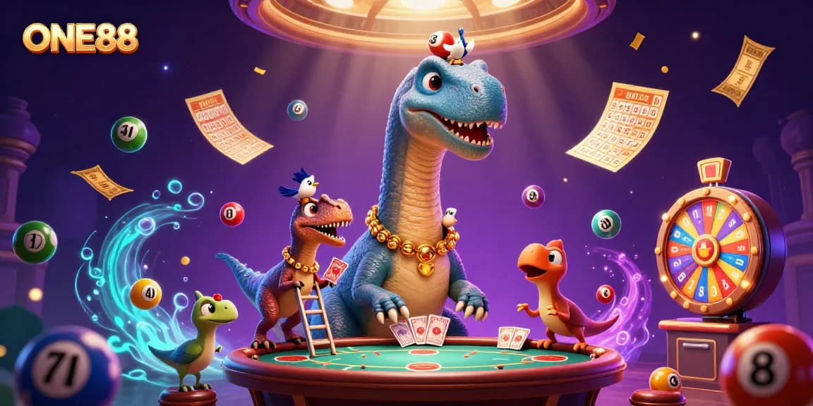 Experience the excitement of ONE88 as a brontosaurus watches card games unfold amidst vibrant casino elements.