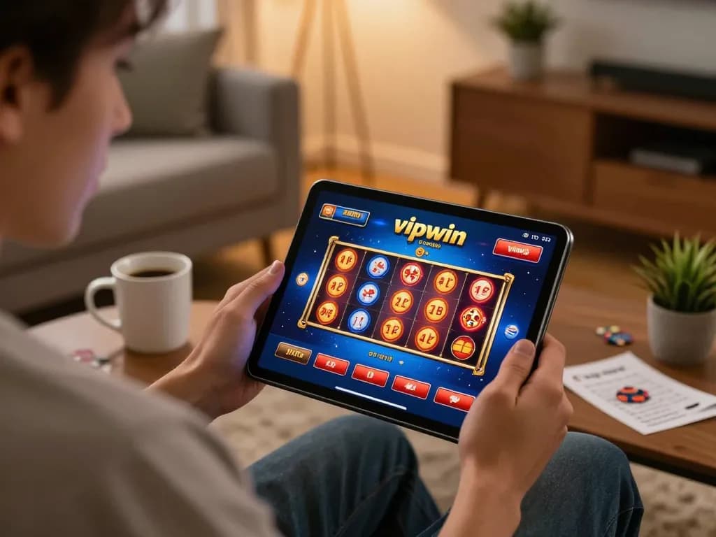 Engaged player using the vipwin app on a tablet in a cozy home setting.