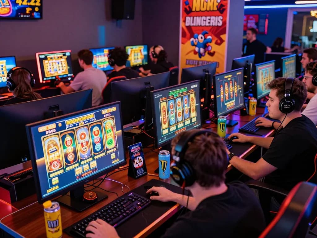 Engaging group of players enjoying a thrilling slot gaming session in a vibrant online environment.