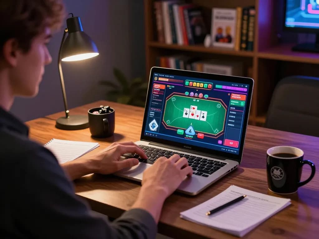 Engaging scene of online poker at HITCLUB with player analyzing strategy notes.