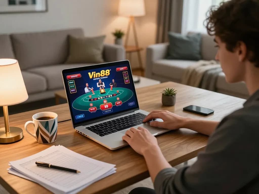 Player engaging in a Vin88 live dealer blackjack game, demonstrating online casino strategy in a cozy home environment.