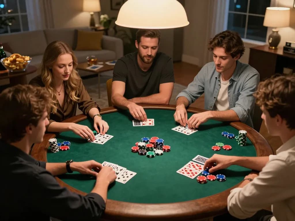 Friends enjoying an exciting poker game at home, showcasing f1688's strategic gameplay atmosphere.