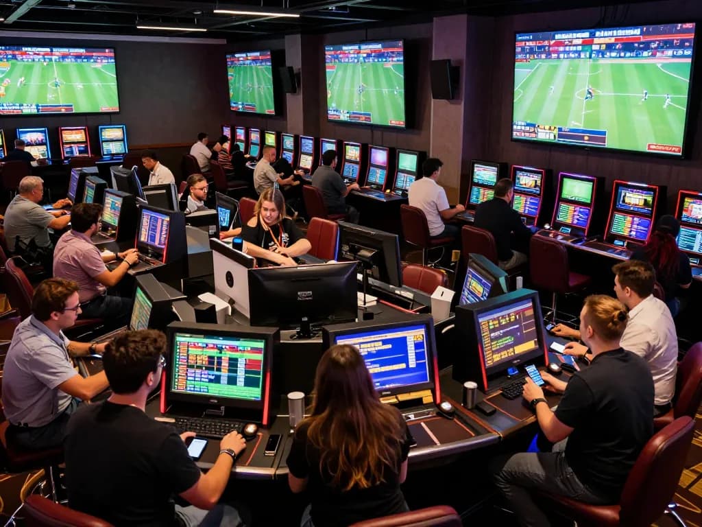 Kèo nhà cái displayed on screens as bettors engage in exciting sports betting activities in a modern casino