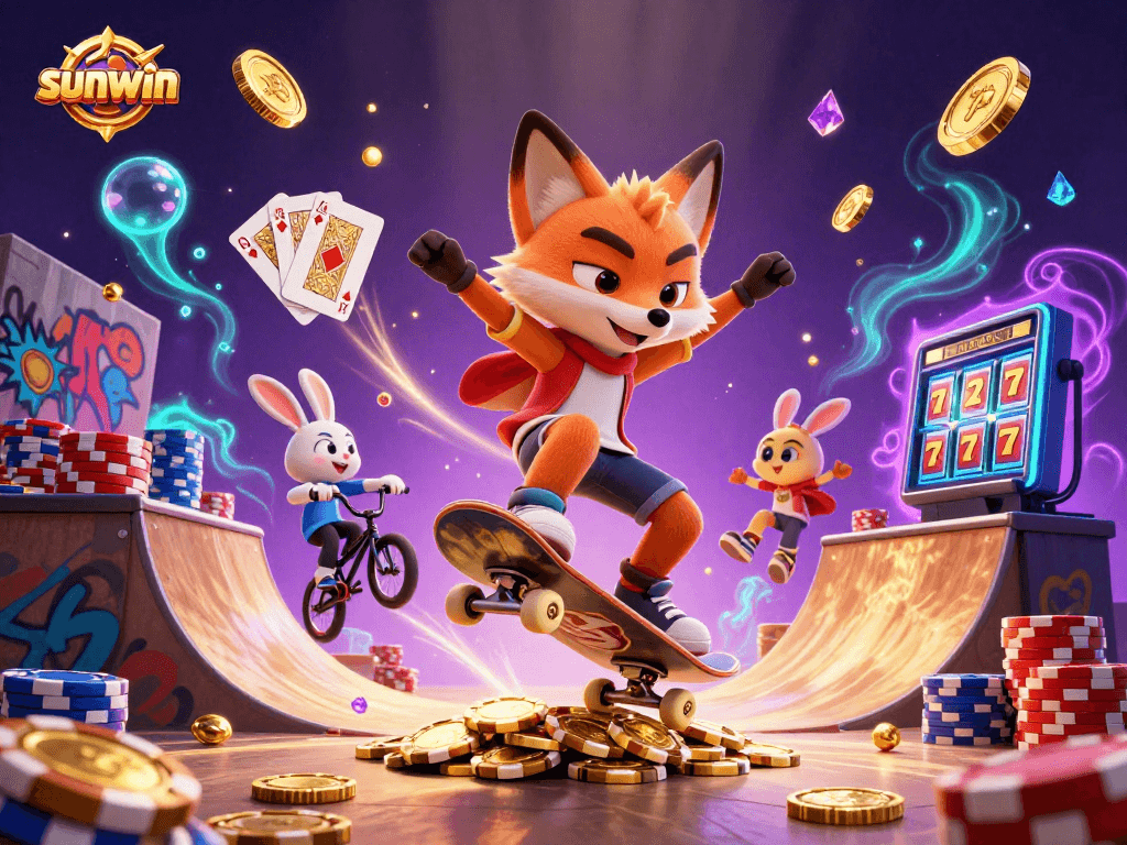 Experience the thrill with sunwin as a fox performs a kickflip over golden poker chips in a vibrant casino scene.