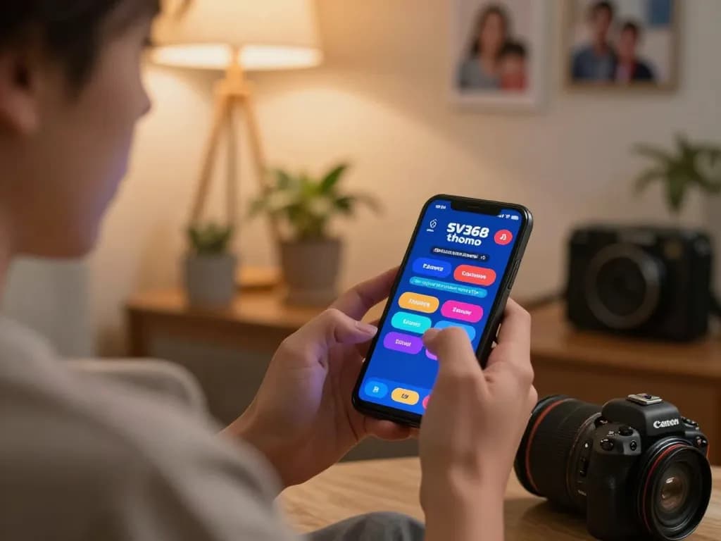 Engaging with SV368 thomo app on smartphone for live betting actions in a cozy home setup.