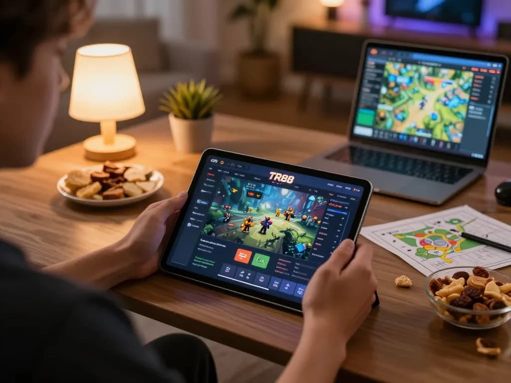 Player interacting with TR88 app on tablet in cozy home setting while strategizing on gambling