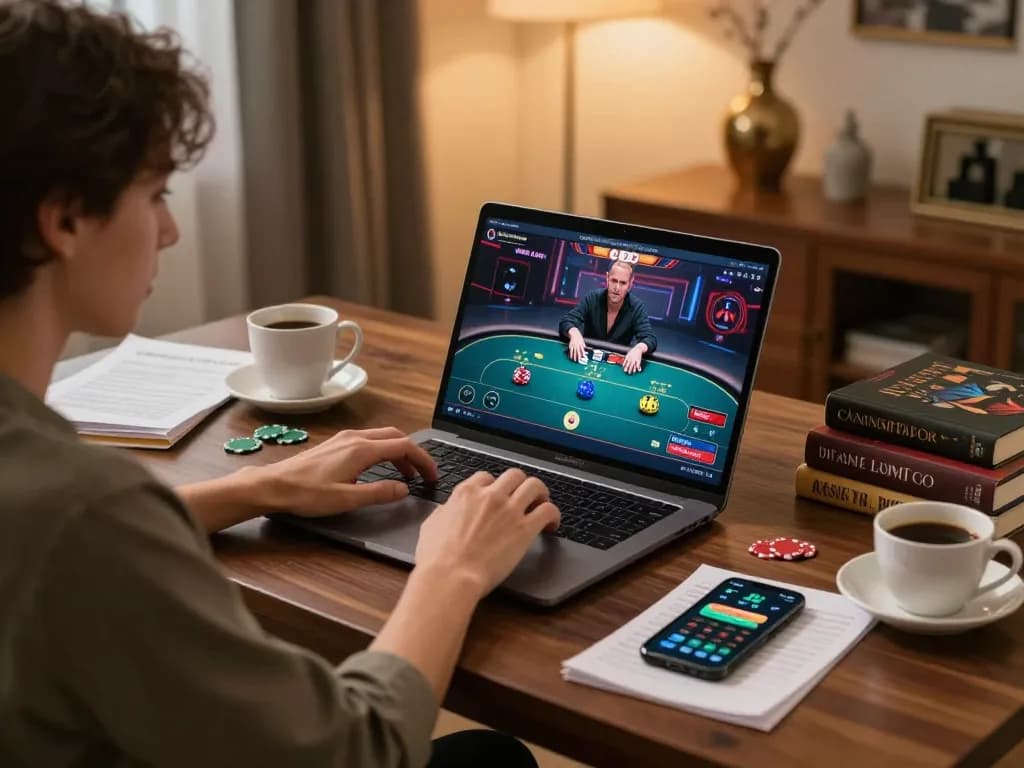 SIN88 player enjoying online poker gaming on a laptop in a cozy home office setting with strategy notes.