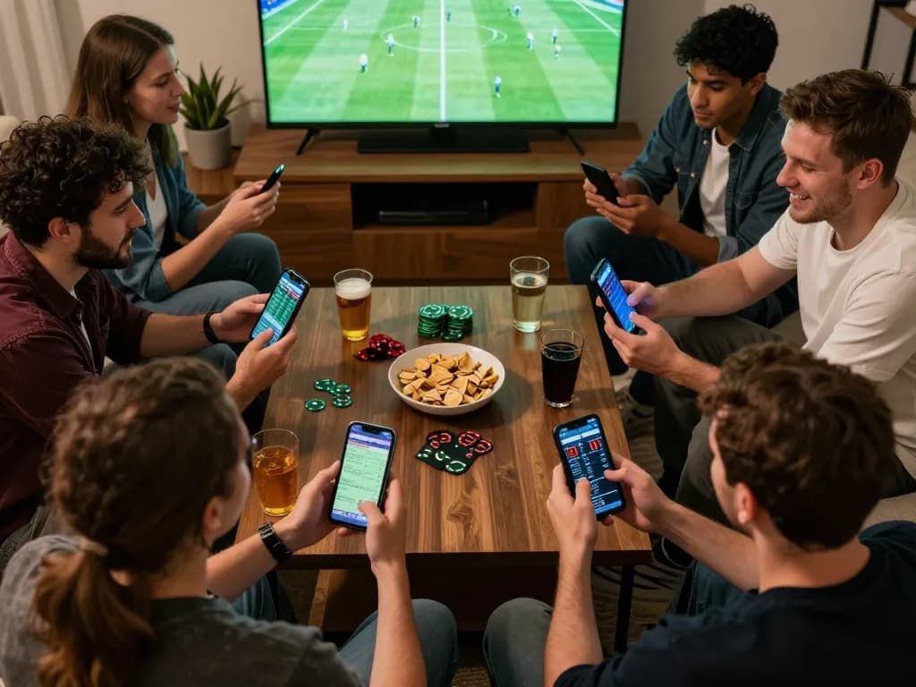 Sky88 enthusiasts engaged in lively sports betting with live odds displayed on their smartphones