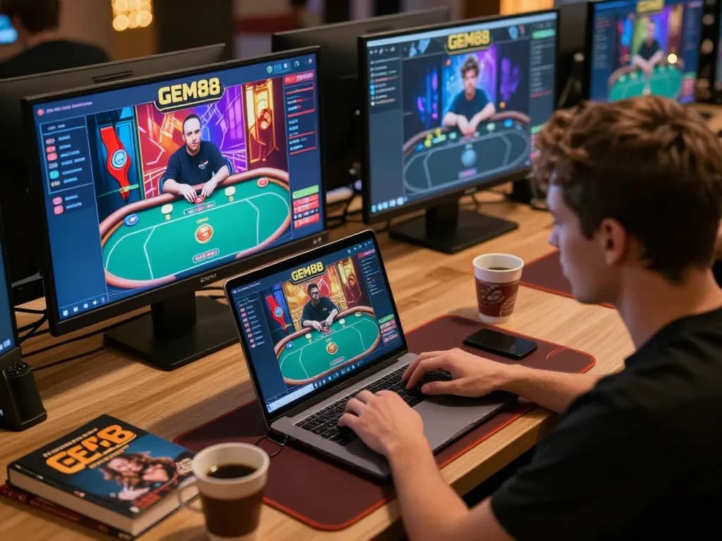 Player engaging with online poker at GEM88, showcasing vibrant interface and cozy workspace.