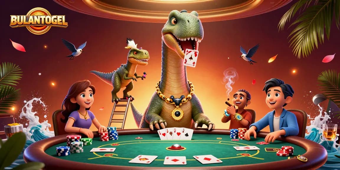 BULANTOGEL showcases a vibrant casino scene with a towering brontosaurus and clever raptor dealing poker.