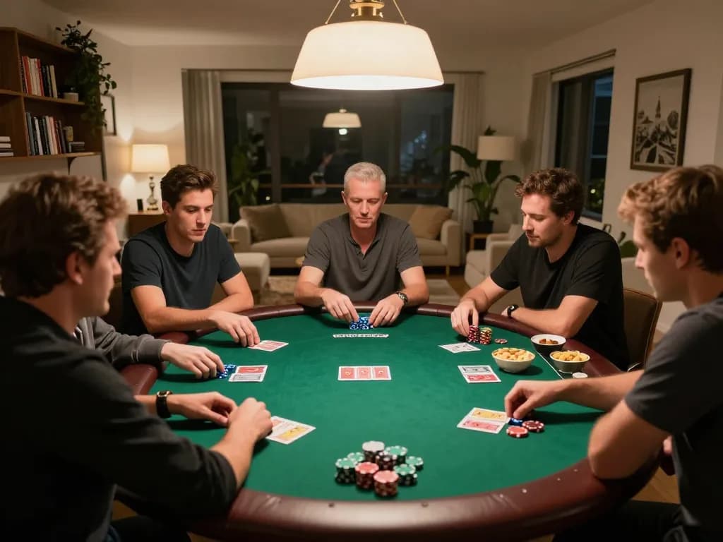 Engaged players enjoying an exciting poker game night at home, featuring strategic plays with FIVE88