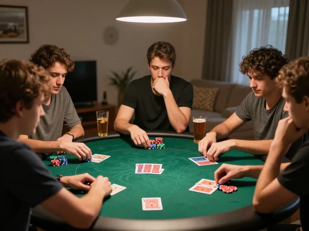 Friends enjoying a poker night at home while playing mm88star, creating strategic gameplay moments.