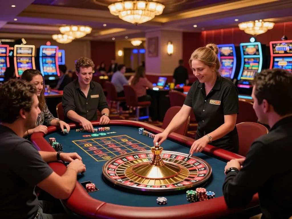 SIN88 players surrounded by excitement at a roulette table in a luxurious casino.