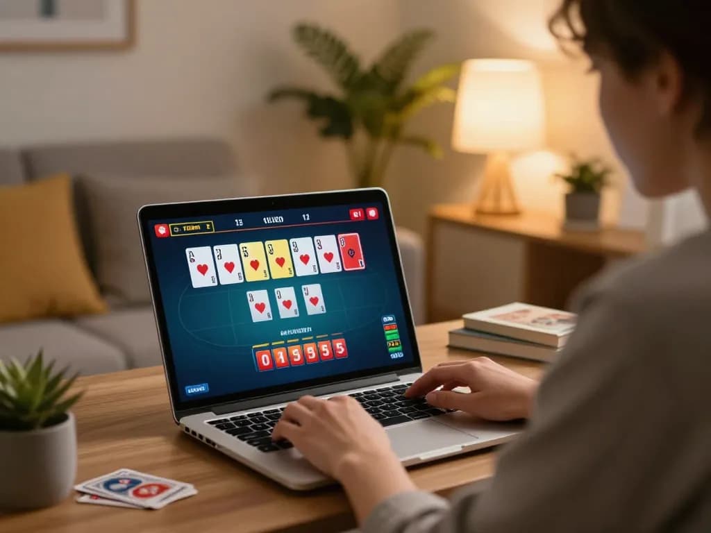 13win player engaged in an online poker game at home with colorful cards and betting options visible.