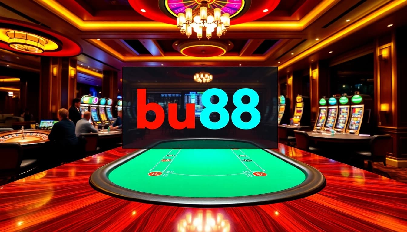 Engage in thrilling gameplay at bu88, featuring poker tables and a spinning roulette wheel.
