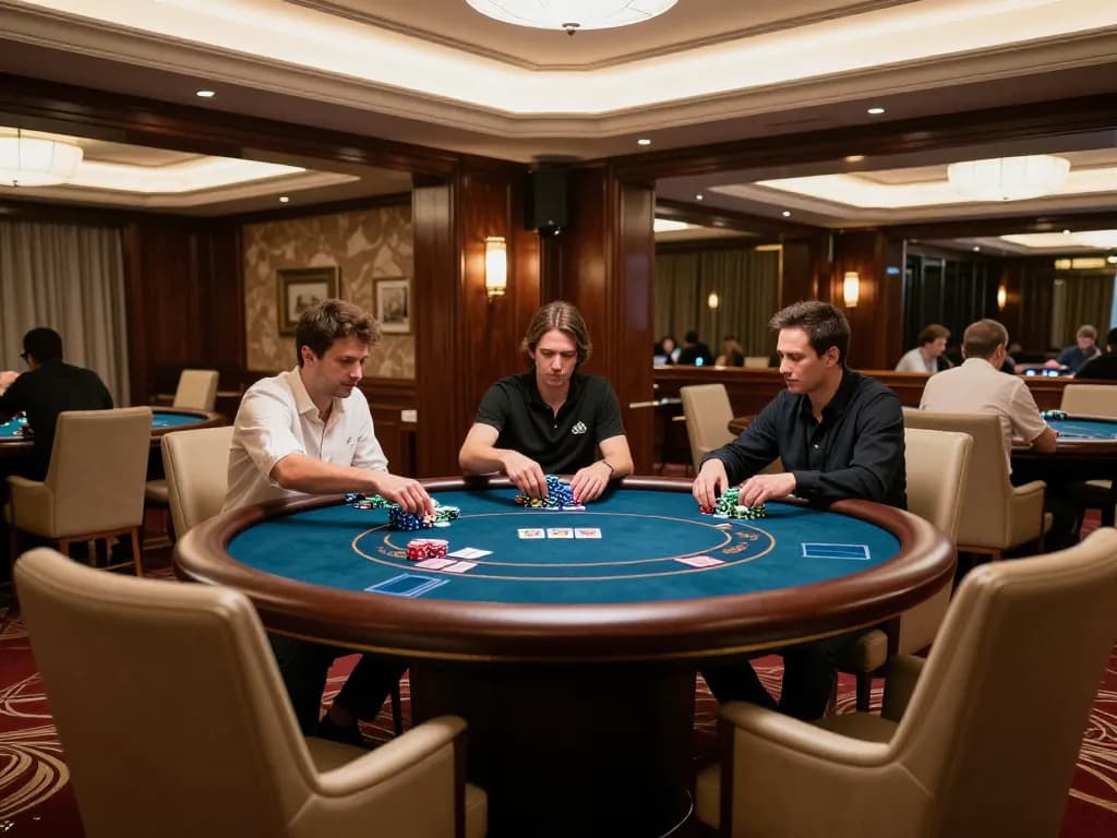 Intense poker game in a luxurious high-roller room at Oxbet casino.